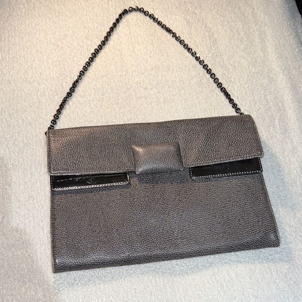 BCBG Max Azria RUNWAY Black Chain Clutch Evening Bag Patent Leather Trim (RARE)